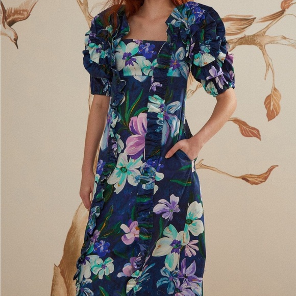 Farm Rio | FLORALINE RUFFLE SHORT SLEEVE MIDI DRESS - Picture 3 of 5